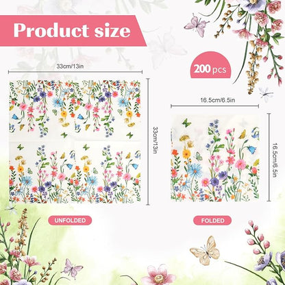 200Pcs Floral Paper Napkin Disposable Bathroom Napkins Guest Spring Flower - Image 2