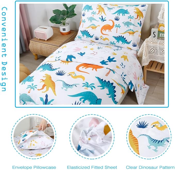 PERFEMET 4 Pieces Toddler Bedding Set Cartoon Dinosaur Print Comforter Sheet Set - Image 5