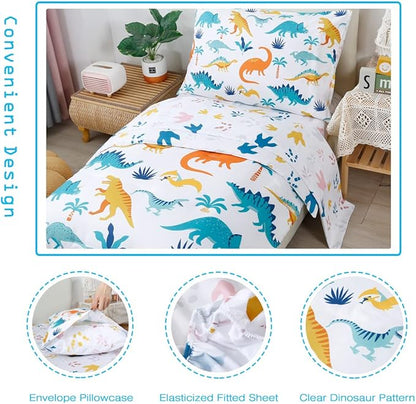 PERFEMET 4 Pieces Toddler Bedding Set Cartoon Dinosaur Print Comforter Sheet Set - Image 5