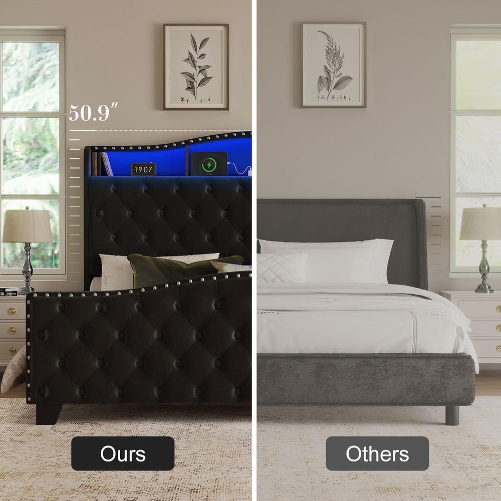 Belffin Platform Bed Frame with 50.9" LED Headboard, Queen Black