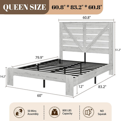 queen farmhouse bed frame with headboard, led lights shown in use
