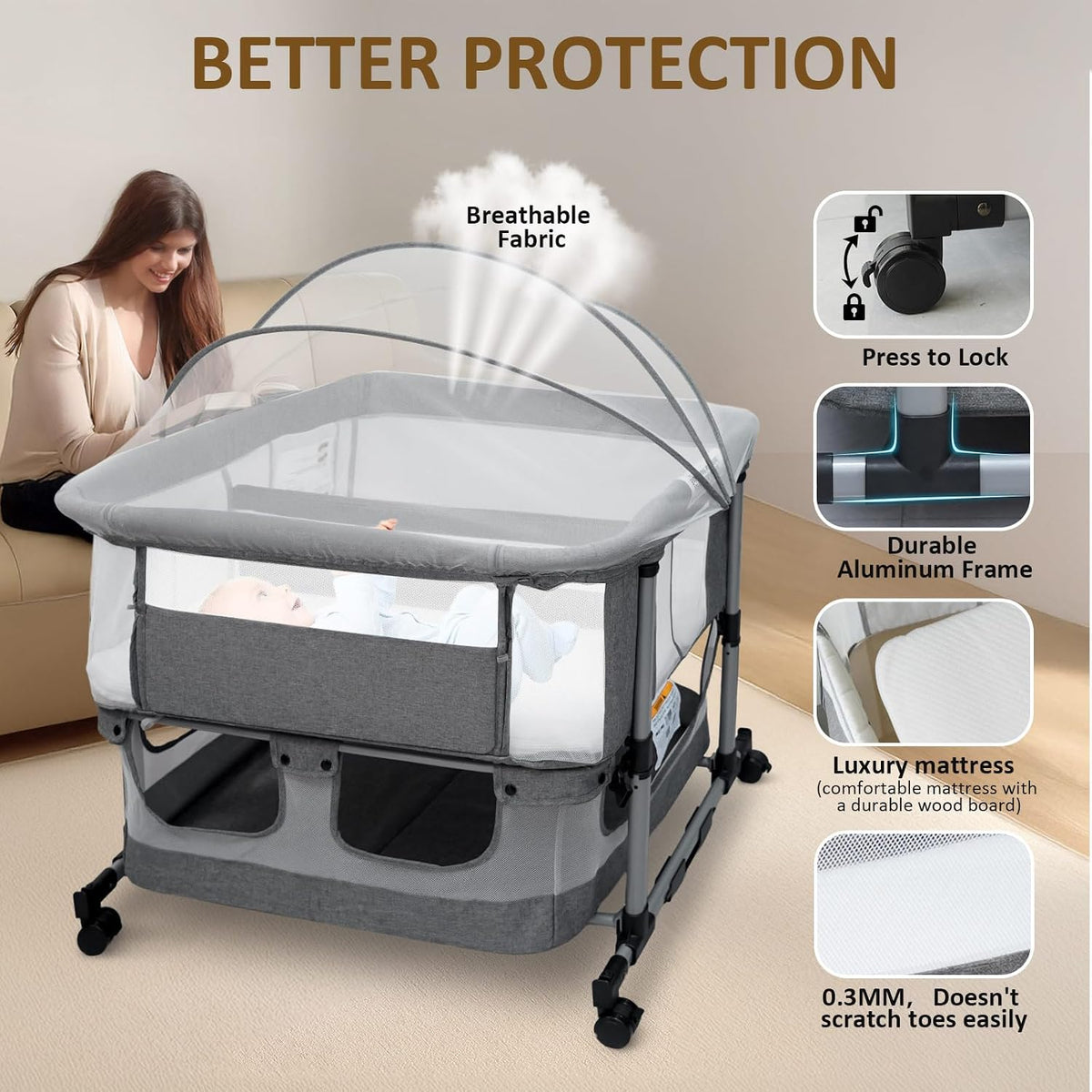 twin bassinet for 2 babies, rocking double bassinet, front angle view