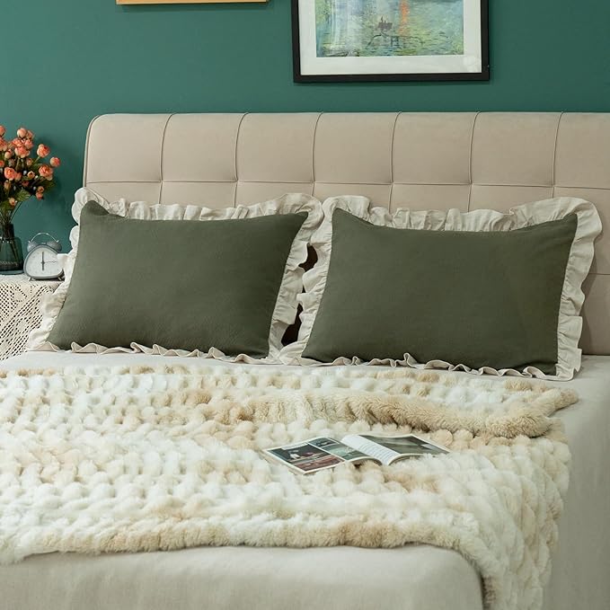 Pillow Shams Set of 2 Pure Cotton Champray Ruffled Edge, Thick and Solid Washed - Image 5