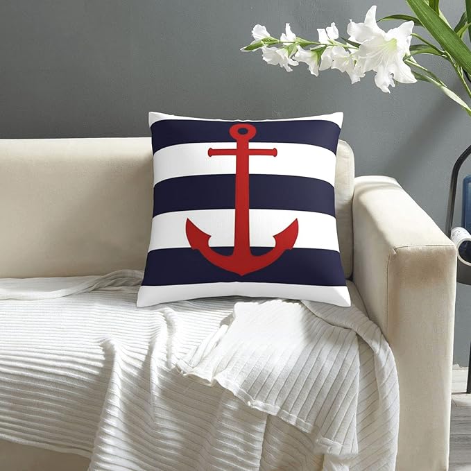 Myshe Square Nautical Red Anchor On Navy Blue Stripes Throw Pillow Cover - Image 8