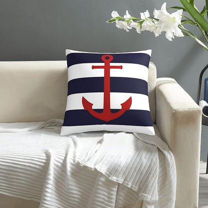 Myshe Square Nautical Red Anchor On Navy Blue Stripes Throw Pillow Cover - Image 8