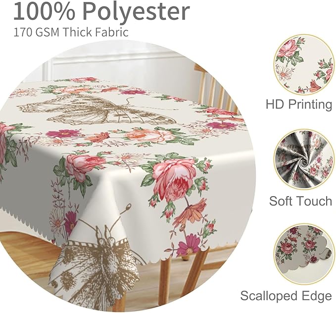 70x108inches Floral Rectangle Tablecloth Red Rose Flower Butterfly Printed - Image 3