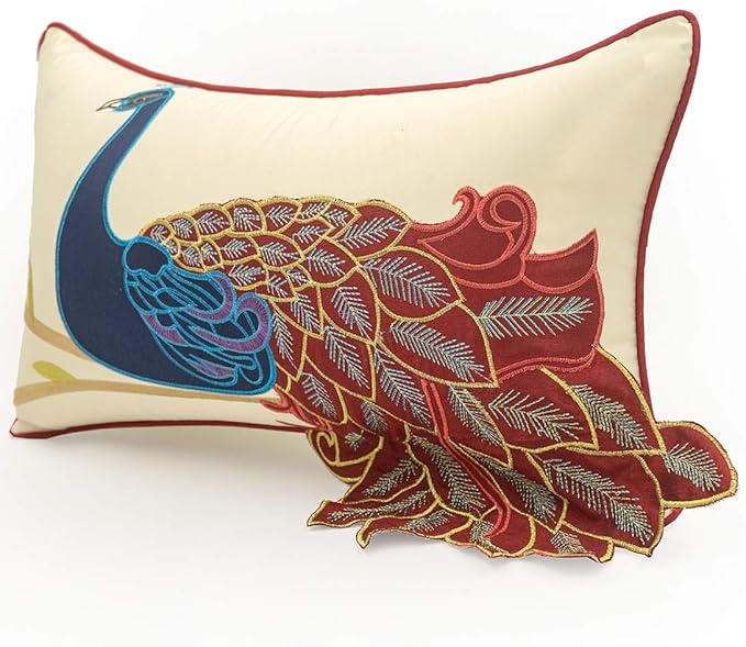 vctops Embroidered Peacock Decorative Throw Pillow Case Silky Satin Cushion - Image 2
