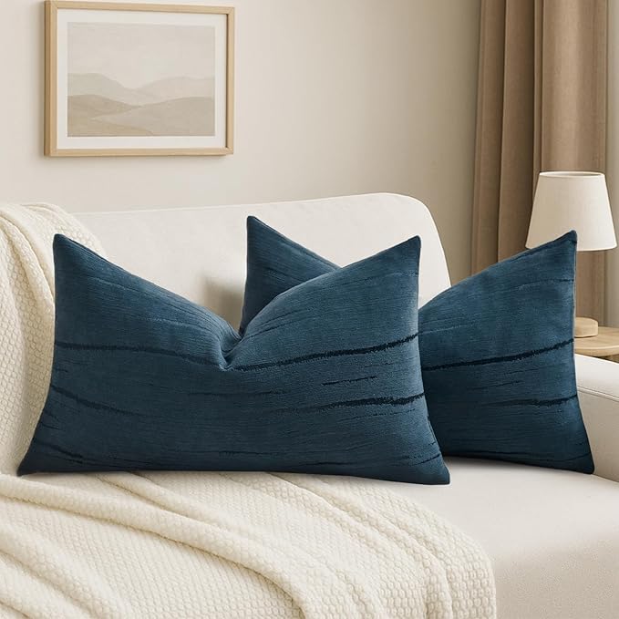 HAUSSY Navy Blue Throw Pillow Covers 12x20 Inch Set of 2, Boho Embossed Striped by HAUSSY