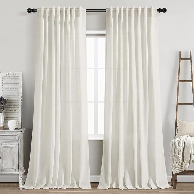Cream Semi Sheer Curtains 84 Inch Length 2 Panels Set Back Tab Rod Pocket Flax by Nanspring