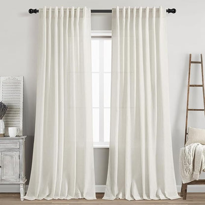 Cream Semi Sheer Curtains 84 Inch Length 2 Panels Set Back Tab Rod Pocket Flax by Nanspring