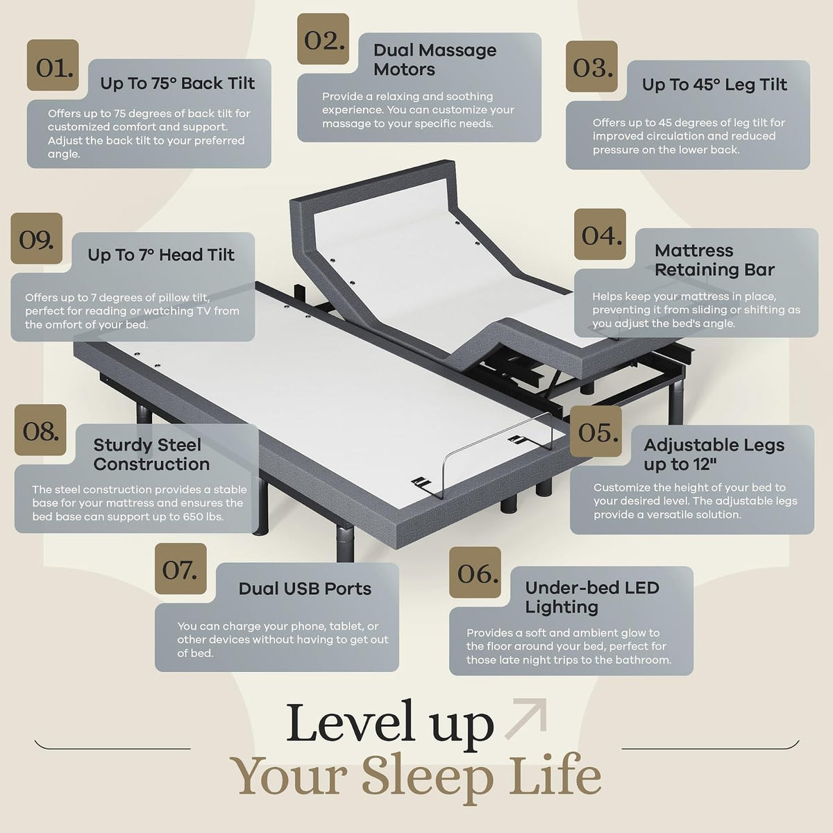 sven & son harmony adjustable bed base, head showing dimensions