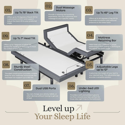 sven & son harmony adjustable bed base, head showing dimensions