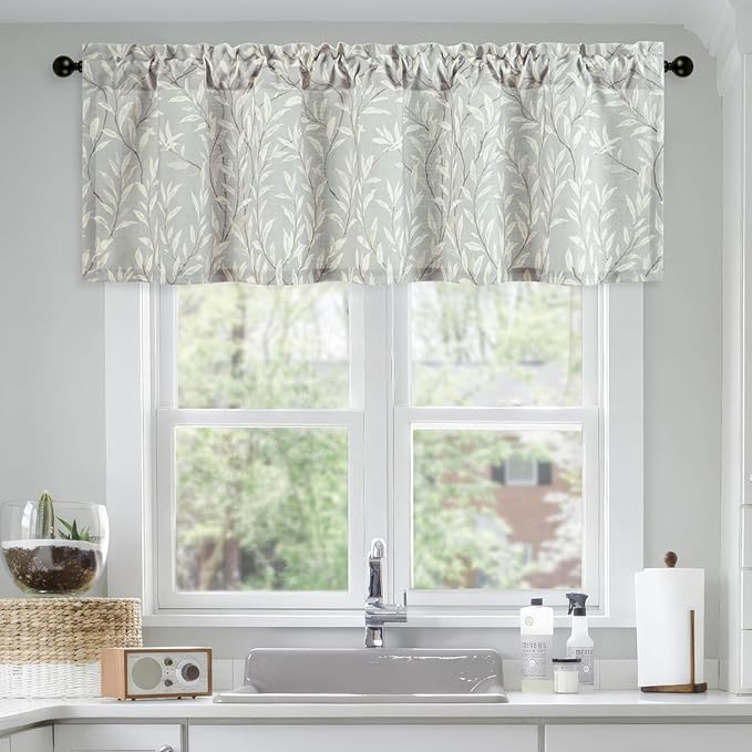 Leeva Grey Valances for Windows, Linen Textured Light Filtering Small Window by Leeva