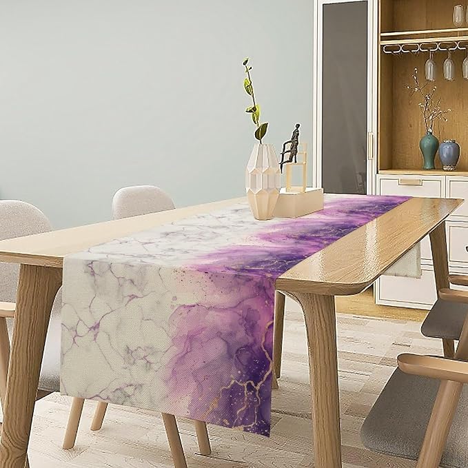 Abstract Marble Dining Table Runner, Modern Purple Golden Watercolor Table - Image 3