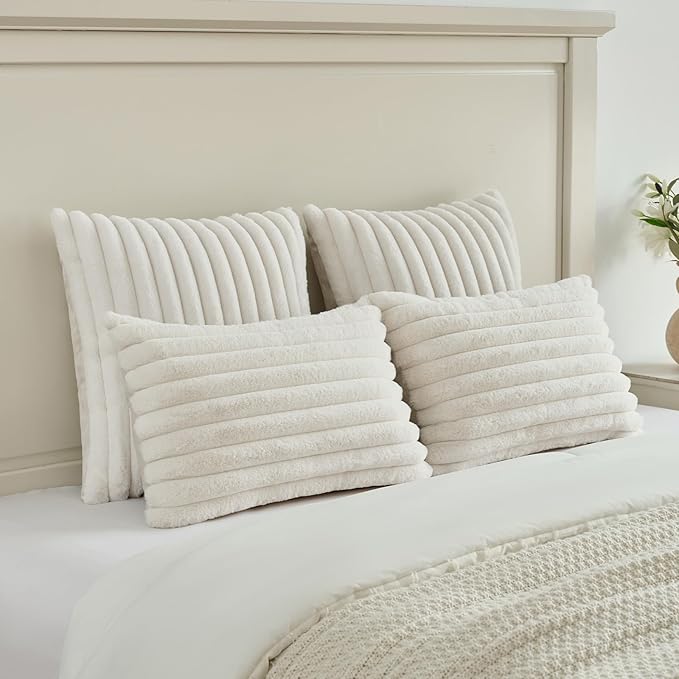 FUTEI Cream Throw Pillow Covers Set of 2, 20x20 Inch Striped Texture Cushion - Image 5