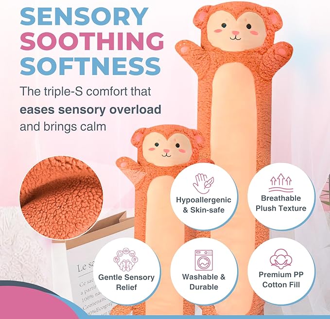 Monkey Plush Body Pillow for Kids | Long Stuffed Animal Cuddle Pillow | Soft - Image 5