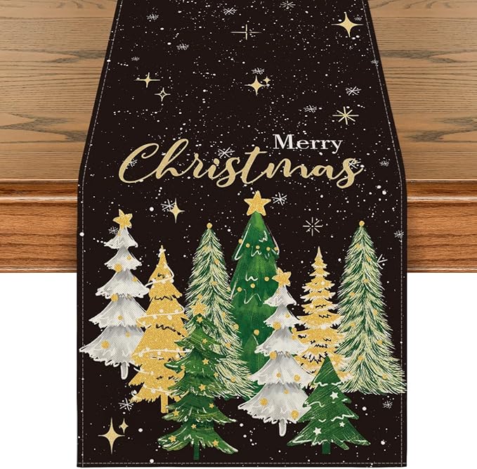 Artoid Mode Xmas Trees Black Merry Christmas Table Runner, Seasonal Winter by ArtoidMode