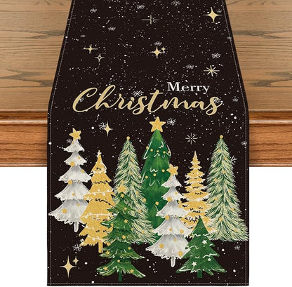 Artoid Mode Xmas Trees Black Merry Christmas Table Runner, Seasonal Winter by ArtoidMode
