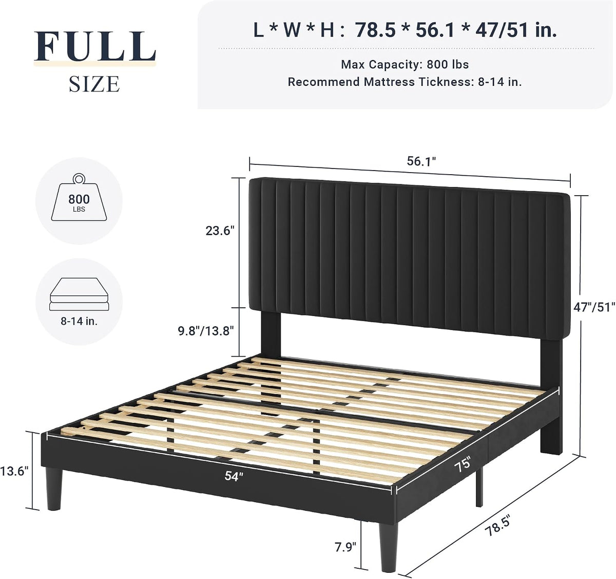 allewie full bed frame, velvet upholstered platform bed shown in use