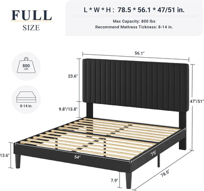 allewie full bed frame, velvet upholstered platform bed shown in use