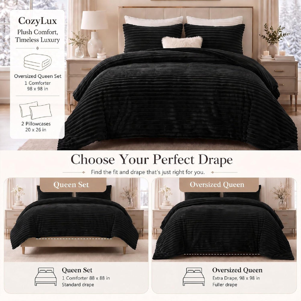 Fleece Oversized Queen Comforter Sets, 3 Piece Warm Black Bedding