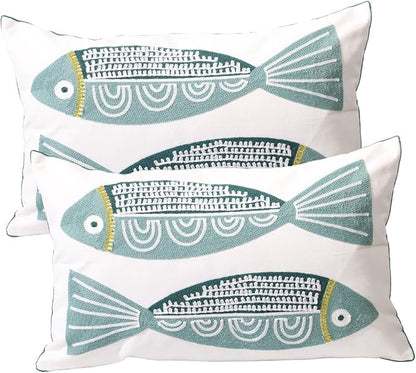 2 PCS Embroidered Throw Pillow Cover Cotton Decorative Rectangle Cushion Cases by UnionKK