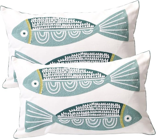 2 PCS Embroidered Throw Pillow Cover Cotton Decorative Rectangle Cushion Cases by UnionKK