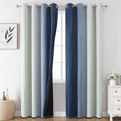 Estelar Textiler Navy Blue and Sage Green Ombre Blackout Curtains 90 Inches - Image 2