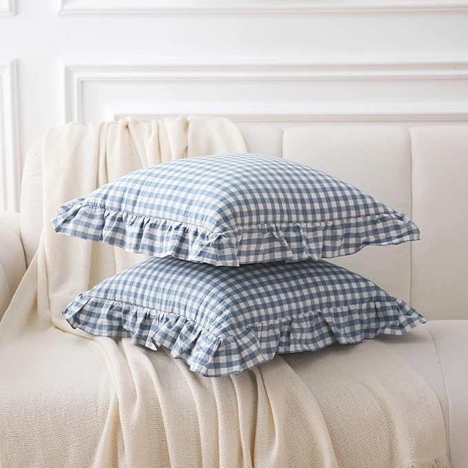 2 Pack Dust Blue White Plaid Gingham Ruffle Throw Pillow Covers, 100% Washed - Image 3
