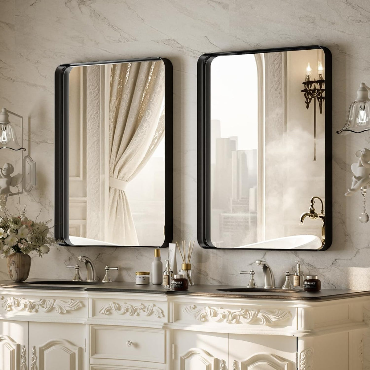 voobang bathroom mirror 24"x32", black gorgeous deep frame showing dimensions