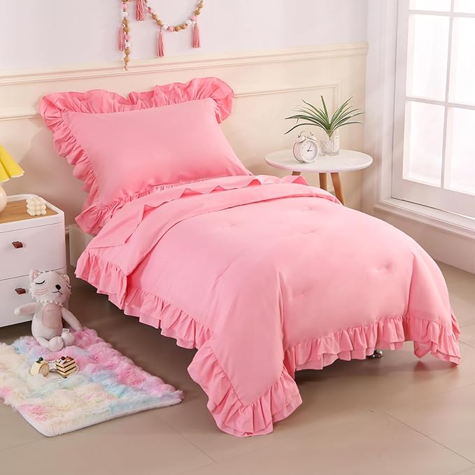 Wowelife Toddler Bedding Set for Girls 4 Piece Ruffle Boho Tufted Fringe Pink - Image 2