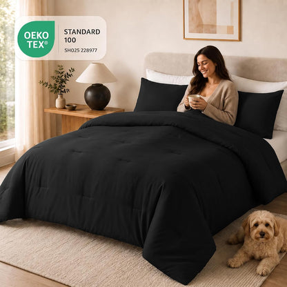 cozylux oversized queen comforter set, 3 pieces black showing dimensions