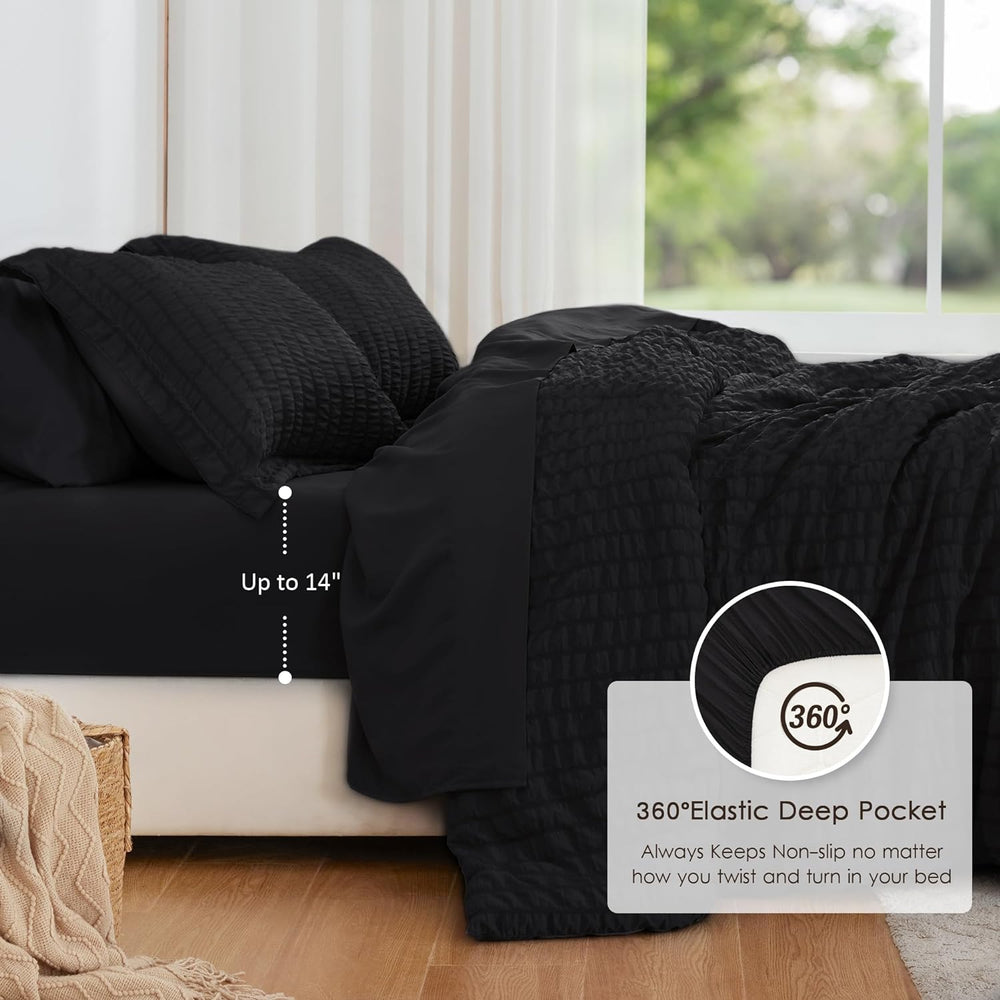 Love's cabin Seersucker Black Queen Comforter Set (7-Piece)