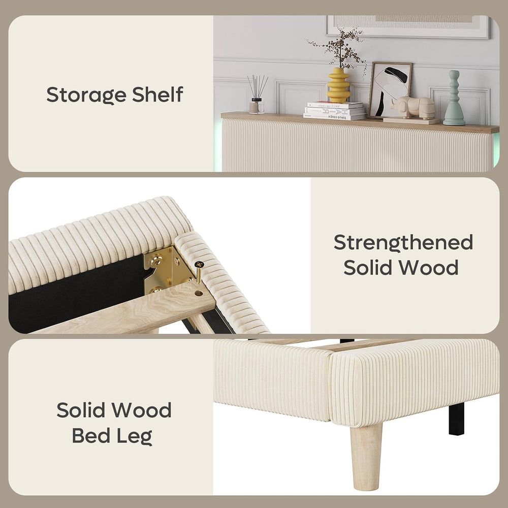 Bestier Full Bed Frame with Adjustable Headboard & LED, Upholstered, Beige