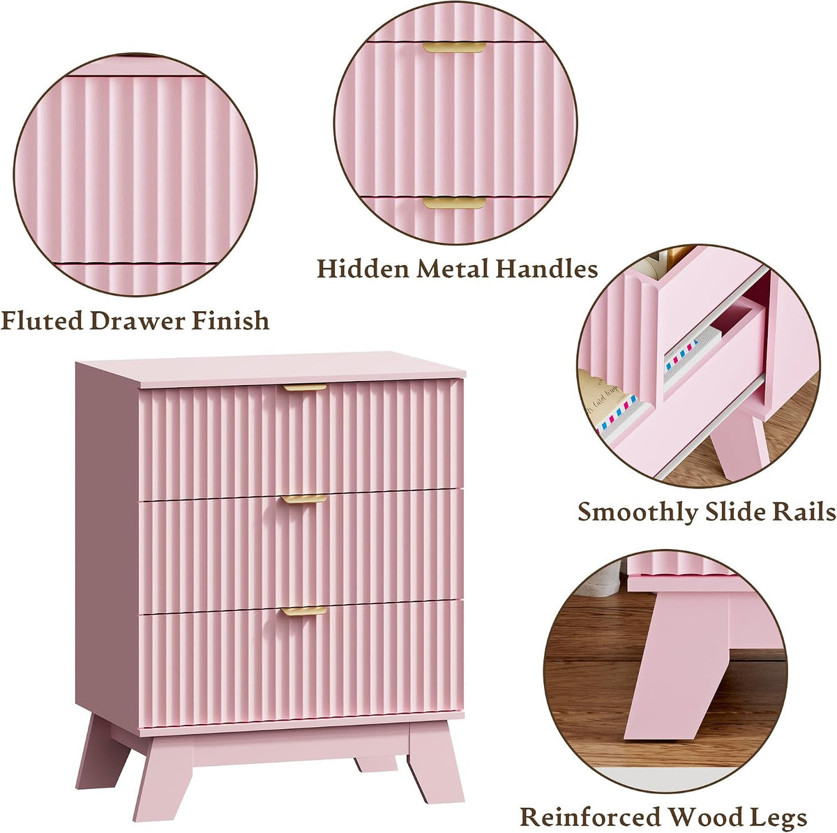 huanlego fluted nightstands set of 2 with 3, side view