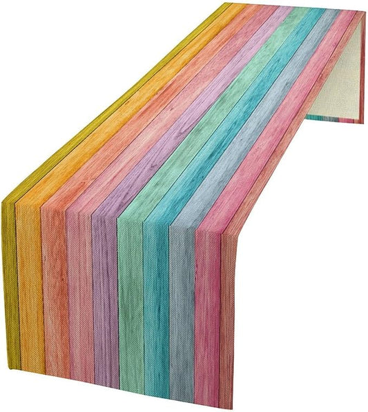 Vintage Colorful Rustic Wooden Table Runner Artwork Painted on Board Plank Farm by ZhiRain