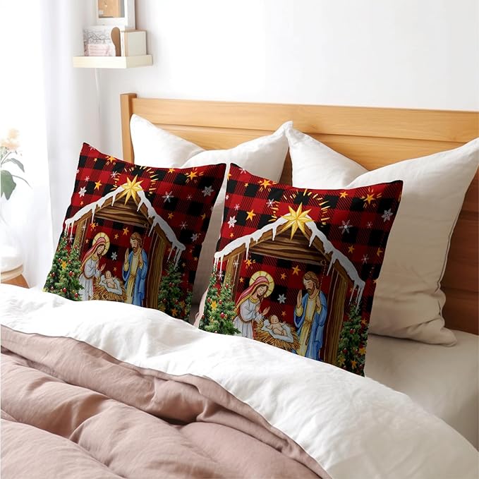 Jesus Nativity Throw Pillow Cover 16x16 Inch Set of 2 Xmas Red Buffalo Plaid - Image 8