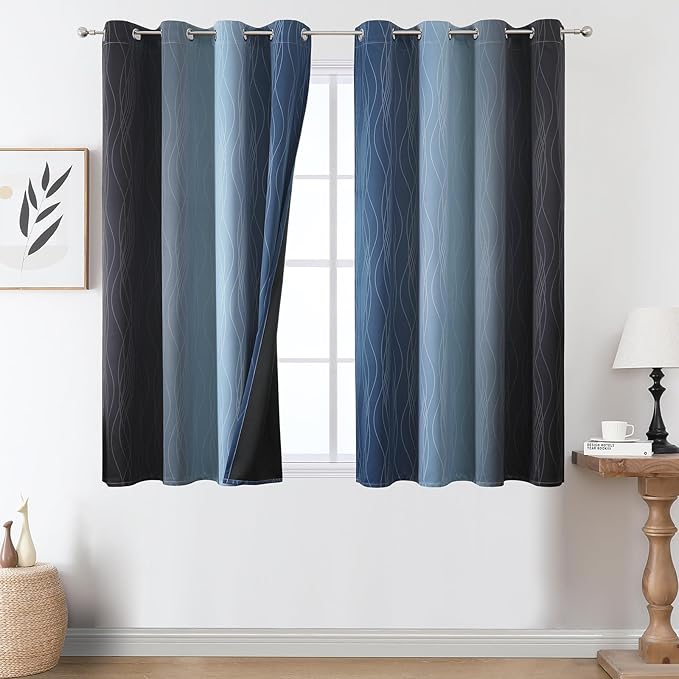 Estelar Textiler Black and Navy Blue Ombre Blackout Curtains 45 Inch Length by ESTELARTEXTILER