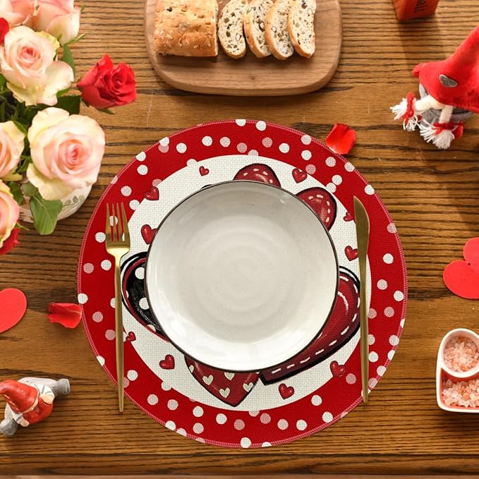Artoid Mode Dot Hearts Love Red Valentine Round Placemats Set of 4, 14 Inch - Image 2