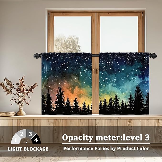 Renaiss 26 x 24 Inch Forest Starry Kitchen Curtains Light Filter Night Rustic - Image 3