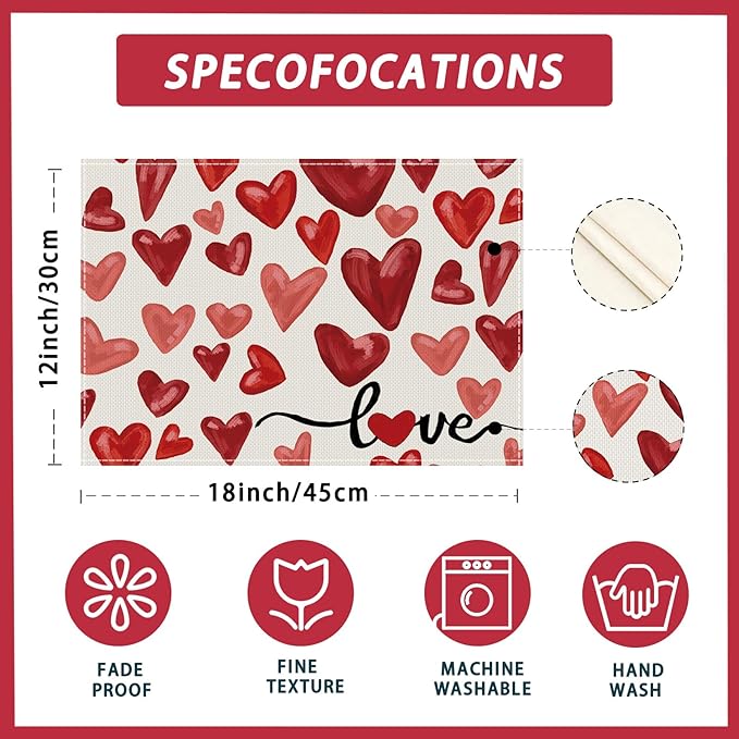 XCHI Watercolor Red Love Hearts Valentine’s Day Placemats Set of 6 Table Mats - Image 5