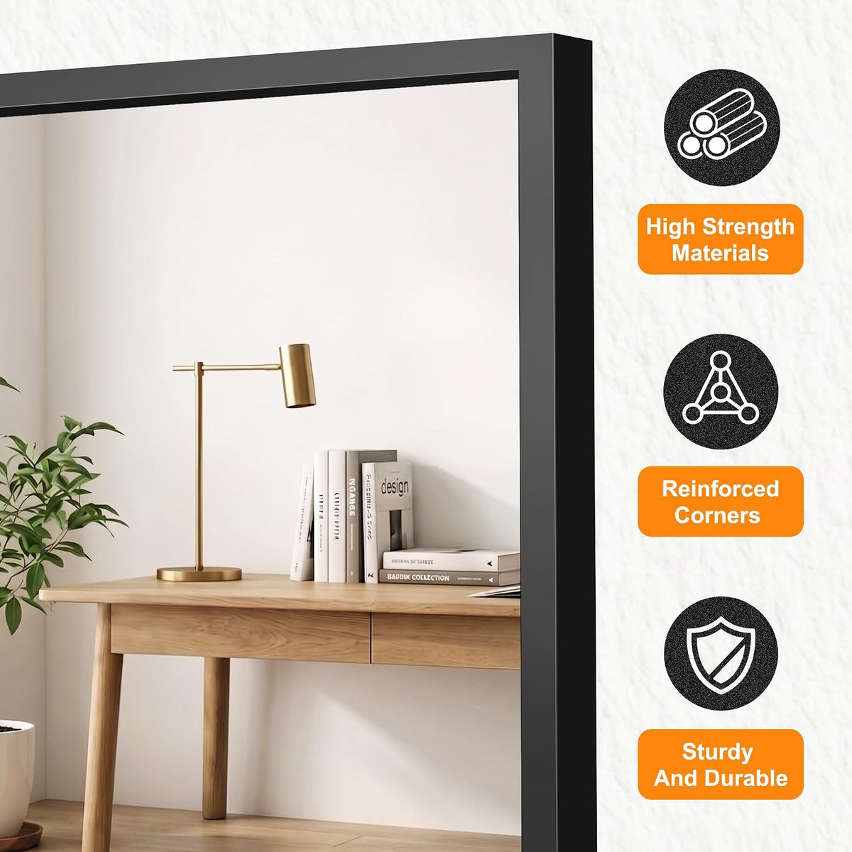 delma bathroom vanity mirror,30x30 black metal framed mirror, close-up detail