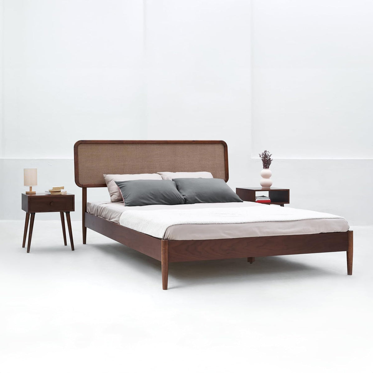 ntc lupin wooden bed frame with headboard, crafted, close-up detail