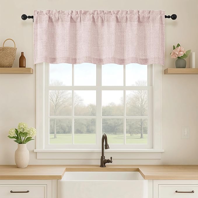 OVZME Blush Pink Valance for Windows, Light Filtering Faux Linen Textured Small by OVZME