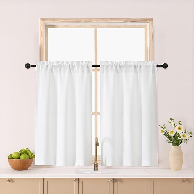 Gwine White Kitchen Curtains 36 Inch Length 2 Panels, Light Filtering Textured by Gwine