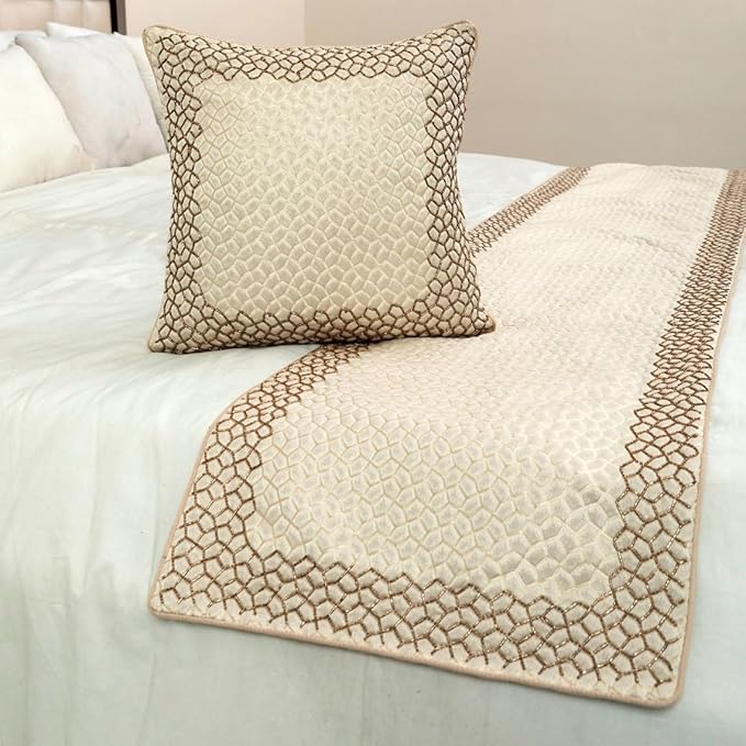 The HomeCentric King/Queen/Twin Ivory & Gold Designer Queen 74"x18" Bed Runner - Image 4