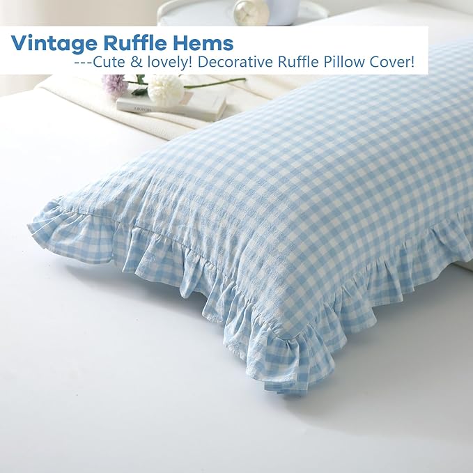 Light Blue White Plaid Ruffle Gingham Bedding Body Pillow Cover, 100% Cotton - Image 4