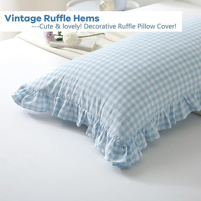 Light Blue White Plaid Ruffle Gingham Bedding Body Pillow Cover, 100% Cotton - Image 4