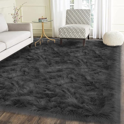 Latepis Dark Grey Rugs for Living Room Sofa 5x6.7 Faux Sheepskin Rug for - Image 7