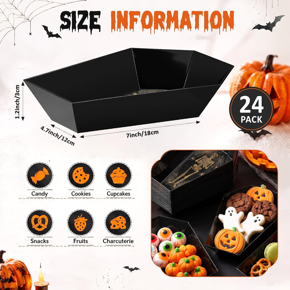 Honeydak 24 Pcs Halloween Candy Bowl, Plastic Coffin Shaped Serving Trays